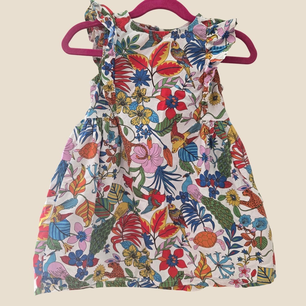Mini Boden Girls Tropical Jungle Print Ruffle Cotton Dress White Multi 2-3Y